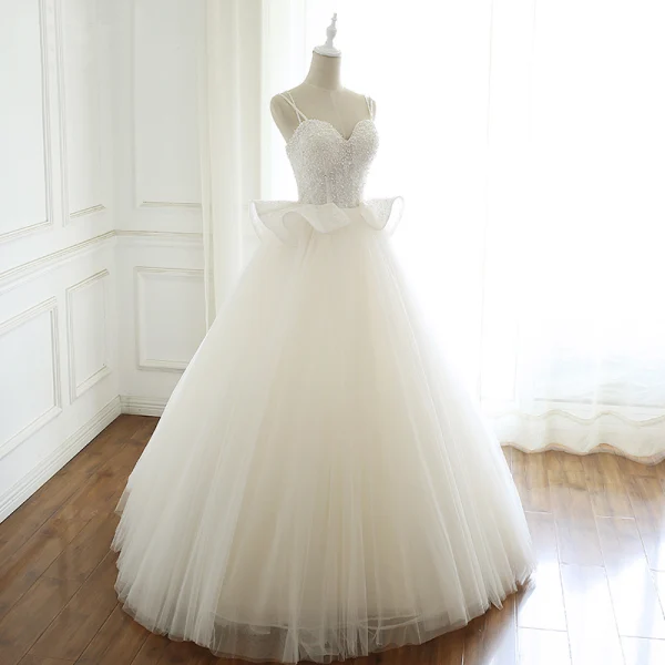 Élégant Ivoire Robe De Mariée 2019 Princesse Bretelles Spaghetti Perlage Paillettes Perle En Dentelle Fleur Sans Manches Dos Nu Longue