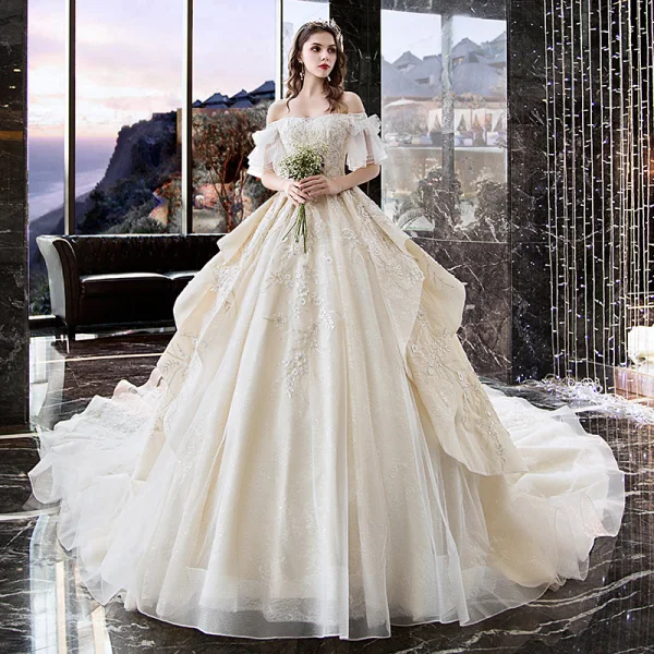 Charming Champagne Wedding Dresses 2019 A-Line / Princess Off-The-Shoulder Pearl Lace Flower Short Sleeve Backless Cascading Ruffles Cathedral Train