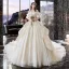 Charming Champagne Wedding Dresses 2019 A-Line / Princess Off-The-Shoulder Pearl Lace Flower Short Sleeve Backless Cascading Ruffles Cathedral Train