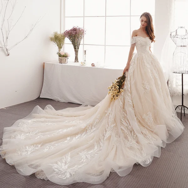 Elegant Champagne Wedding Dresses 2019 A-Line / Princess Off-The-Shoulder Beading Tassel Pearl Lace Flower Short Sleeve Backless Cathedral Train