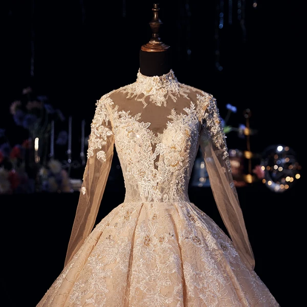 Luxury / Gorgeous Champagne Wedding Dresses 2019 A-Line / Princess High Neck Glitter Beading Lace Flower Pearl Crystal Long Sleeve Backless Royal Train