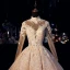 Luxury / Gorgeous Champagne Wedding Dresses 2019 A-Line / Princess High Neck Glitter Beading Lace Flower Pearl Crystal Long Sleeve Backless Royal Train