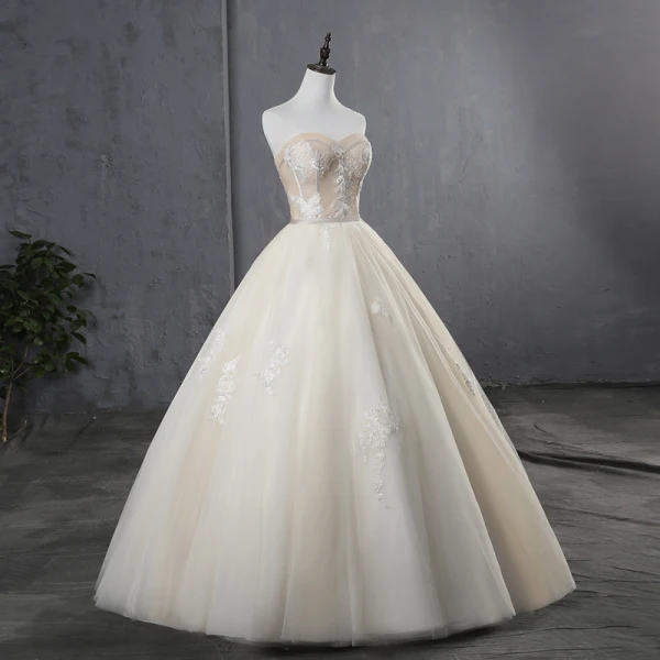 Elegant Champagne Wedding Dresses 2019 Ball Gown Strapless Lace Flower Sleeveless Backless Floor-Length / Long