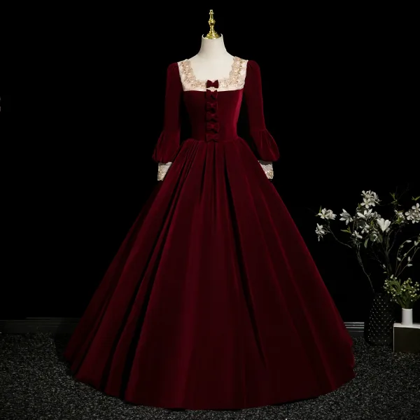 Elegant Burgundy Velvet Bow Prom Dresses 2025 Ball Gown Square Neckline Long Sleeve Backless Floor-Length / Long Formal Dresses