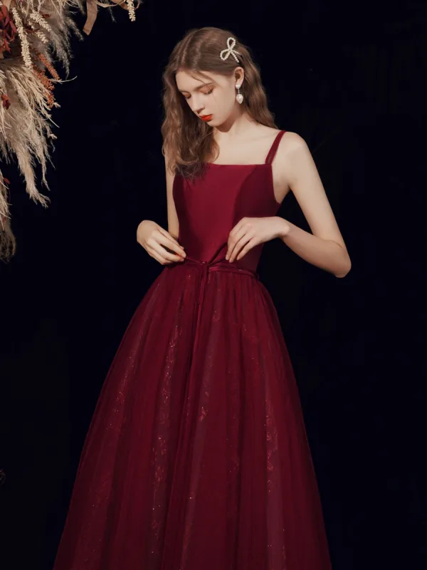 Modest / Simple Burgundy Homecoming Graduation Dresses 2021 A-Line / Princess Spaghetti Straps Sleeveless Backless Bow Floor-Length / Long Formal Dresses