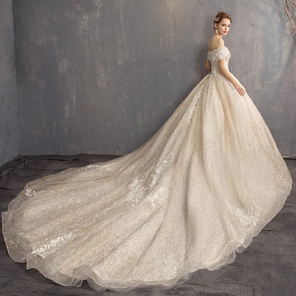 Charming Champagne Wedding Dresses 2019 Ball Gown Off-The-Shoulder Short Sleeve Backless Flower Glitter Lace Pearl Chapel Train