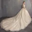 Charming Champagne Wedding Dresses 2019 Ball Gown Off-The-Shoulder Short Sleeve Backless Flower Glitter Lace Pearl Chapel Train