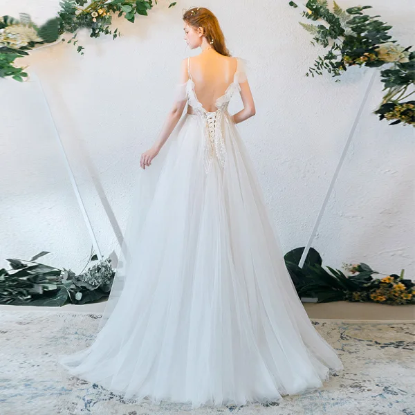 Chic / Belle Ivoire Robe De Soirée 2019 Princesse Bretelles Spaghetti Perlage En Dentelle Fleur Dos Nu Longue Robe De Ceremonie