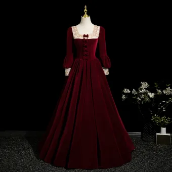 Élégant Bordeaux Velours Noeud Robe De Bal 2025 Robe Boule Encolure Carrée Manches Longues Dos Nu Longue Robe De Ceremonie