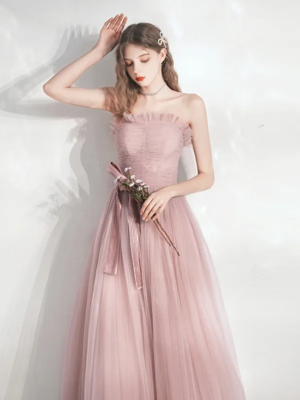 Schöne Rosa Ballkleider 2021 A Linie Bandeau Schleife Ärmellos Rückenfreies Lange Ball Festliche Kleider