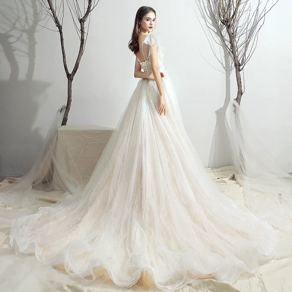 Chic / Belle Ivoire Robe De Mariée 2019 Princesse Encolure Dégagée Appliques En Dentelle Fleur Noeud Manches Courtes Dos Nu Chapel Train