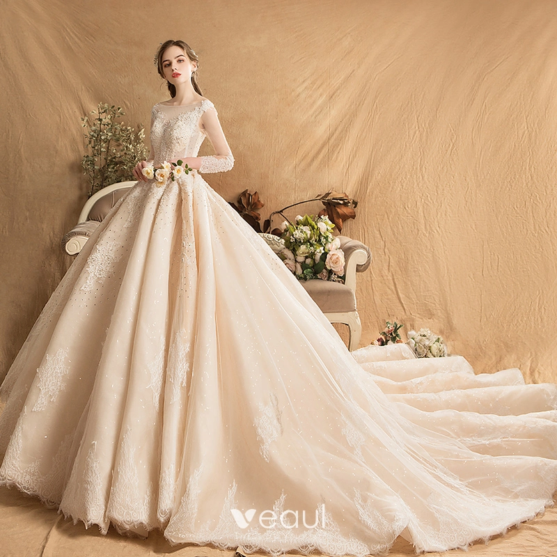 Luxury Gorgeous Champagne Wedding Dresses 2019 A Line Princess Scoop Neck Beading Pearl Rhinestone Lace Flower Long Sleeve Backless Cathedral Train