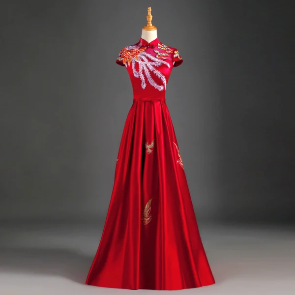 Chinese style Burgundy Evening Dresses 2019 A-Line / Princess High Neck Appliques Lace Bow Cap Sleeves Backless Floor-Length / Long Formal Dresses