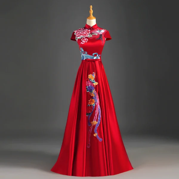 Chinese style Burgundy Evening Dresses 2019 A-Line / Princess High Neck Bow Appliques Lace Cap Sleeves Backless Floor-Length / Long Formal Dresses