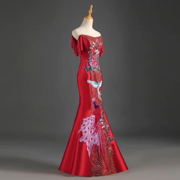 Chinese style Red Evening Dresses 2019 Trumpet / Mermaid Off-The-Shoulder Tassel Sequins Appliques Lace Sleeveless Backless Floor-Length / Long Formal Dresses