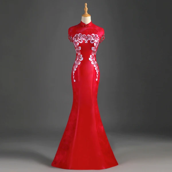Chinese style Royal Blue Evening Dresses  Trumpet / Mermaid High Neck Beading Tassel Rhinestone Lace Flower Cap Sleeves Floor-Length / Long Formal Dresses