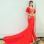 Chinese style Red Evening Dresses  2019 Trumpet / Mermaid V-Neck Rhinestone Appliques Lace Cap Sleeves Tassel Backless Court Train Formal Dresses
