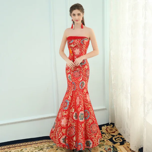 Chinese style Red Evening Dresses 2019 Trumpet / Mermaid Strapless Crystal Sleeveless Backless Printing Floor-Length / Long Formal Dresses