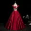 Elegant Burgundy Beading Appliques Satin Prom Dresses 2025 Ball Gown Off-The-Shoulder Short Sleeve Backless Floor-Length / Long Formal Dresses