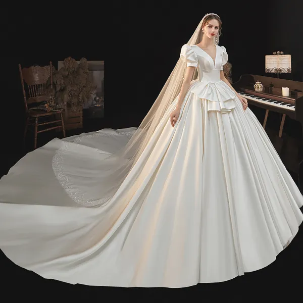 Victorian Style Ivory Satin Wedding Dresses 2021 Ball Gown Deep V-Neck Bell sleeves Backless Royal Train Wedding