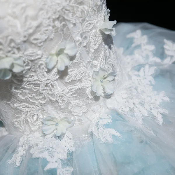 Chic / Beautiful Sky Blue Glitter Lace Flower Appliques Prom Dresses 2025 Ball Gown Strapless Sleeveless Backless Floor-Length / Long Formal Dresses