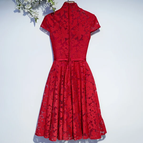 Chic / Beautiful Red Formal Dresses Evening Dresses 2017 Lace Flower Strappy High Neck Short Sleeve Knee-Length A-Line / Princess