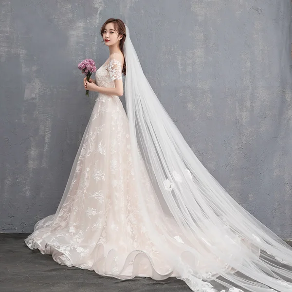 Élégant Champagne Robe De Mariée 2018 Princesse En Dentelle Appliques Encolure Dégagée Dos Nu Manches Courtes Chapel Train Mariage