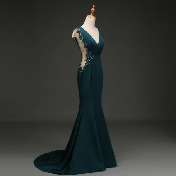Elegante Dunkelgrün Abendkleider 2019 Meerjungfrau V-Ausschnitt Perlenstickerei Pailletten Strass Spitze Blumen Ärmel Rückenfreies Sweep / Pinsel Zug Festliche Kleider