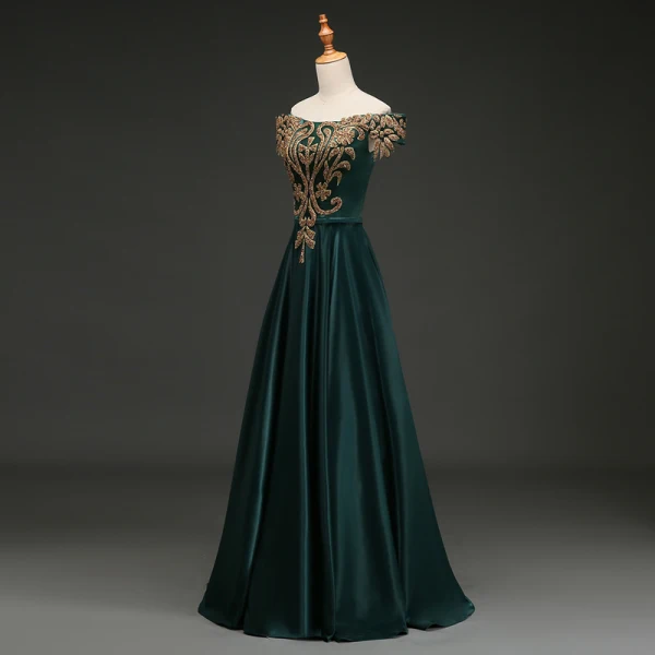 Elegant Dark Green Evening Dresses 2019 A-Line / Princess Off-The-Shoulder Rhinestone Sash Short Sleeve Backless Floor-Length / Long Formal Dresses