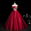 Elegant Burgundy Beading Appliques Satin Prom Dresses 2025 Ball Gown Off-The-Shoulder Short Sleeve Backless Floor-Length / Long Formal Dresses