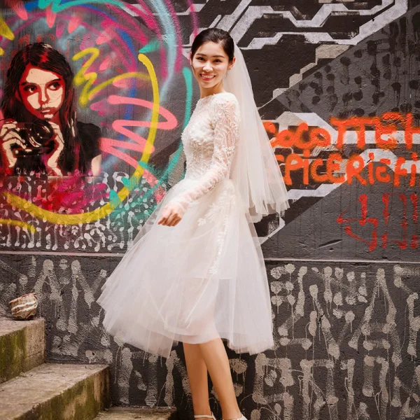 beach wedding dresses tea length Vintage V-neck Crepe Tea Length Casual Sheath Beach Wedding Dress main image 1
