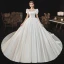 Victorian Style Ivory Satin Wedding Dresses 2021 Ball Gown Square Neckline Bell sleeves Backless Royal Train Wedding