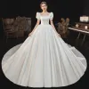 Victorian Style Ivory Satin Wedding Dresses 2021 Ball Gown Square Neckline Bell sleeves Backless Royal Train Wedding