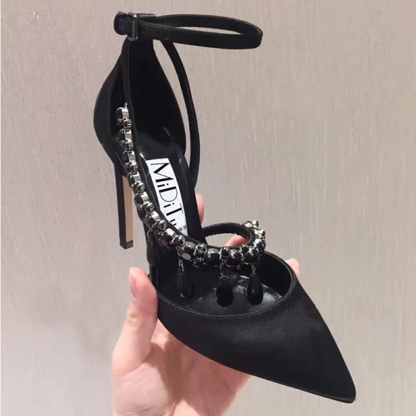 Charming Black Evening Party Womens Shoes 2019 Ankle Strap Rhinestone Tassel 8 cm Stiletto Heels Pointed Toe High Heels