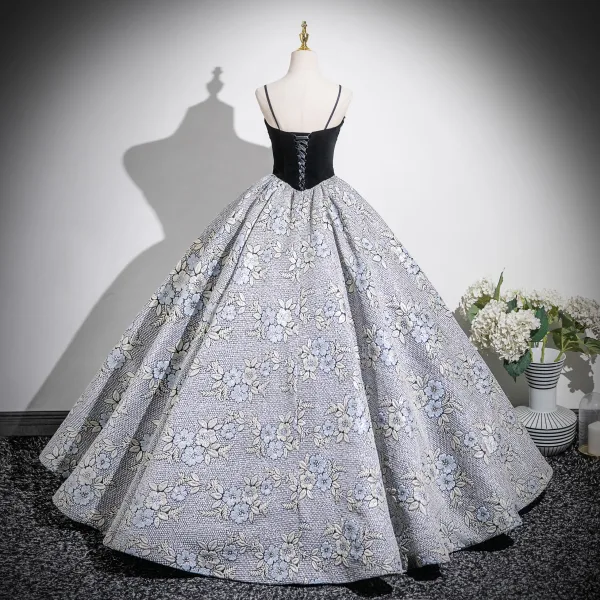 Unusual Black Beading Lace Flower Printing Prom Dresses 2025 Ball Gown Spaghetti Straps Sleeveless Backless Floor-Length / Long Formal Dresses