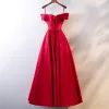 Chic / Beautiful Red Evening Dresses  2019 A-Line / Princess Spaghetti Straps Bow Sleeveless Backless Floor-Length / Long Formal Dresses