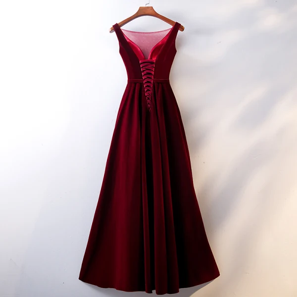 Chic / Beautiful Burgundy Evening Dresses 2019 A-Line / Princess Scoop Neck Suede Bow Sleeveless Backless Floor-Length / Long Formal Dresses