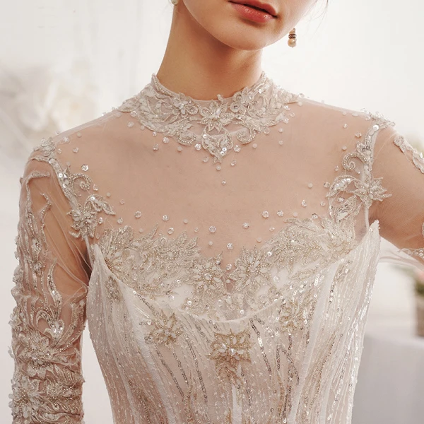 Charming Champagne Wedding Dresses 2019 A-Line / Princess Scoop Neck Beading Sequins Lace Flower 1/2 Sleeves Backless Cathedral Train