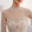 Charming Champagne Wedding Dresses 2019 A-Line / Princess Scoop Neck Beading Sequins Lace Flower 1/2 Sleeves Backless Cathedral Train
