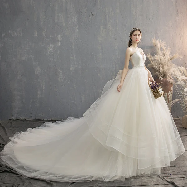 Charmant Champagne Robe De Mariée 2019 Princesse Bustier Noeud Sans Manches Dos Nu Cathedral Train
