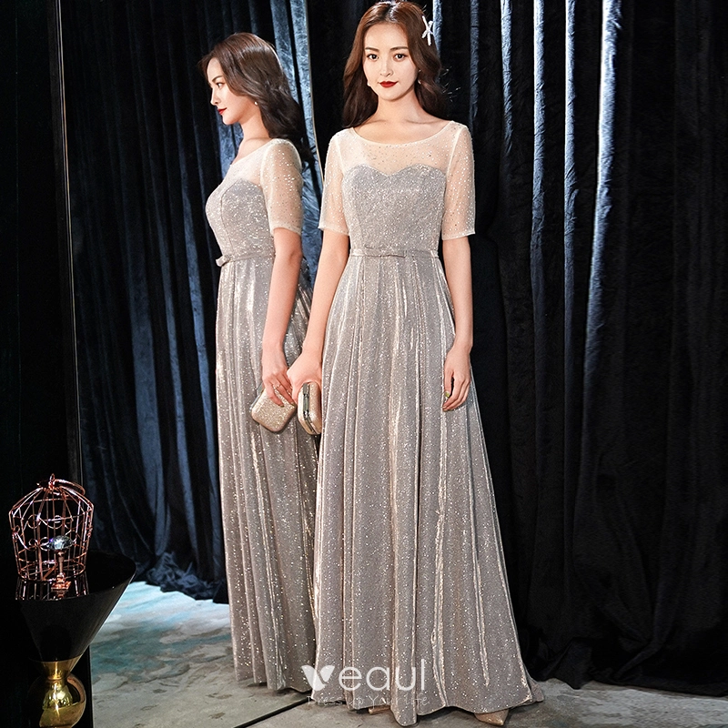 silver evening dresses formal Silver Grey A Line V Neck Long Sleeves Lace Prom Dress, Silver Gray La –  morievent main image 1