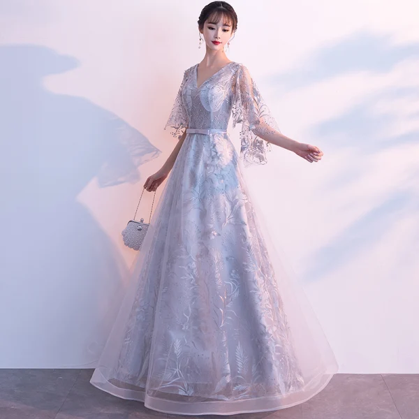 Chic / Beautiful Grey Evening Dresses 2019 A-Line / Princess V-Neck Bow Lace Flower 1/2 Sleeves Backless Floor-Length / Long Formal Dresses