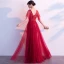 Chic / Beautiful Burgundy Evening Dresses  2019 A-Line / Princess V-Neck Crystal Lace Flower Short Sleeve Backless Floor-Length / Long Formal Dresses