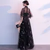 Chic / Beautiful Black Evening Dresses  2019 A-Line / Princess High Neck Sash Lace Flower 1/2 Sleeves Floor-Length / Long Formal Dresses
