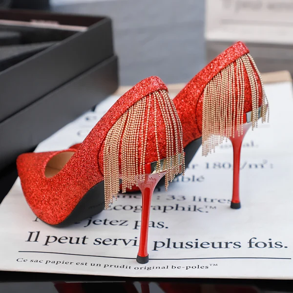 Glittrande Silver Brudskor 2019 Glittriga / Glitter Paljetter Tassel 10 cm Stilettklackar Spetsiga Bröllop Pumps