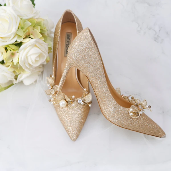 Sparkly Gold Wedding Shoes 2019 Leather Sequins Appliques Pearl 9 cm Stiletto Heels Pointed Toe Wedding Pumps