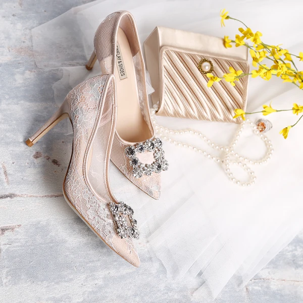 Chic / Beautiful Beige Wedding Shoes 2019 Lace Rhinestone 9 cm Stiletto Heels Pointed Toe Wedding Pumps