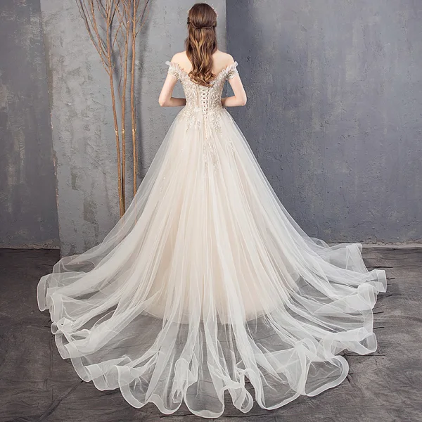 Champagne Høst Vår Sommer Brudekjoler Ryggløse Krystall Blomst Blonder Perle Paljetter Tyll Bryllup Elegant 2019