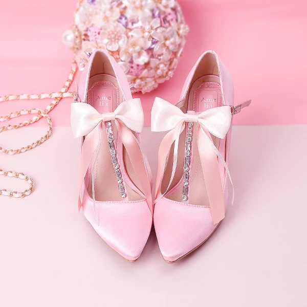 Schön Pink Brautschuhe 2019 Schleife Strass T-Riemen 9 cm Stilettos Spitzschuh Hochzeit Pumps