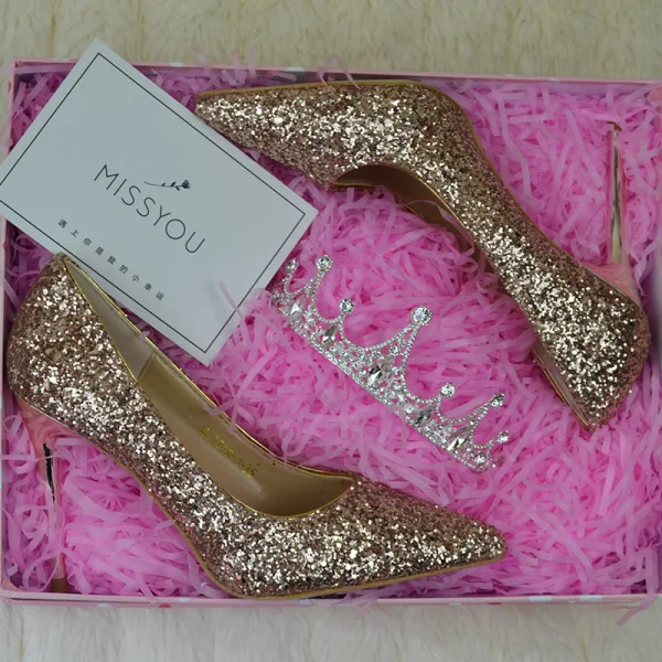 Sparkly Sølv Brudesko 2019 Paljetter 9 cm Stiletthæler Spisse Bryllup Pumps